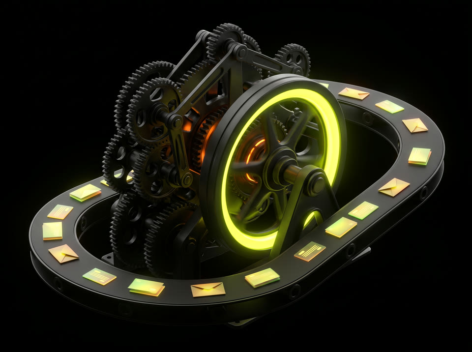 A black machine with a glowing lime flywheel feeding an endless conveyor of content