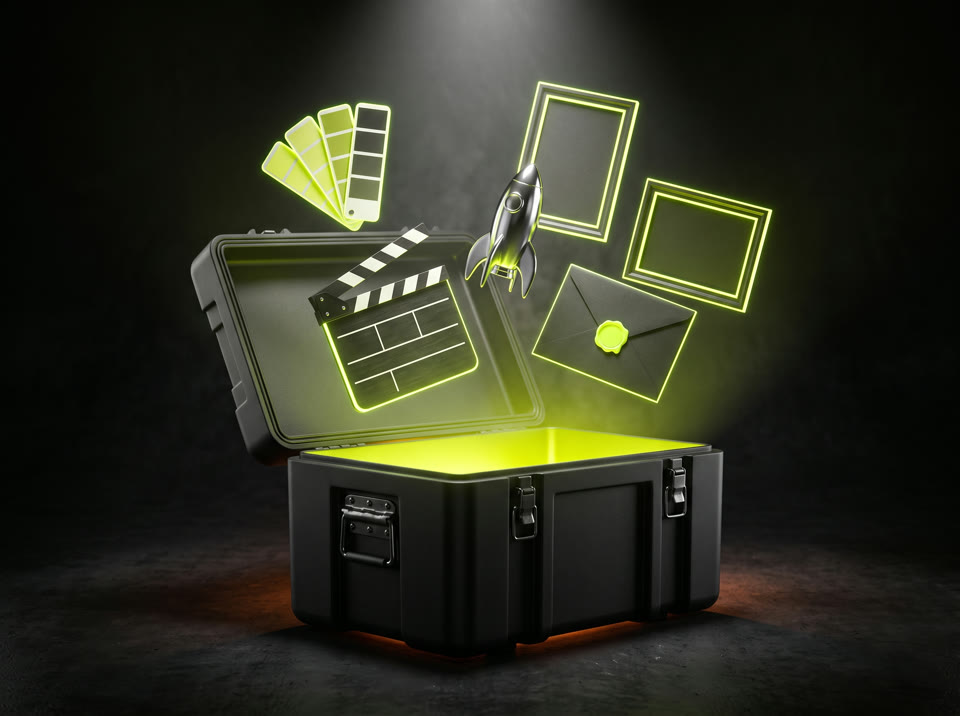 A black launch crate glowing lime, brand deliverables levitating above it