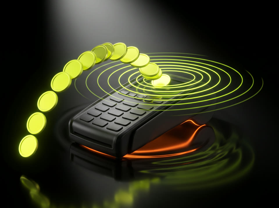 A black payment terminal catching an arc of glowing lime coins