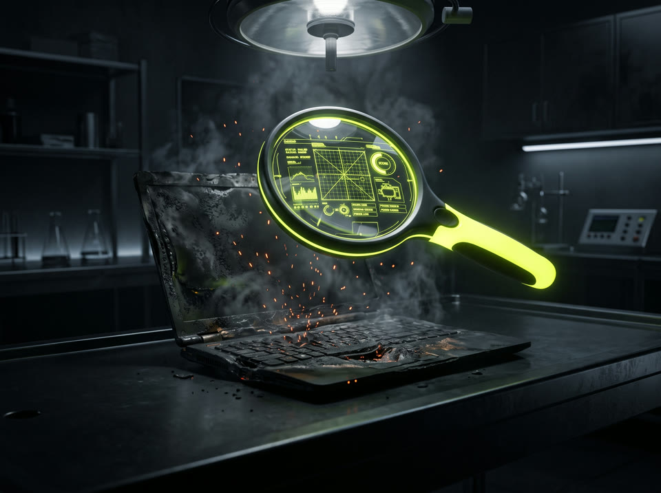 A scorched laptop under a surgical spotlight, examined by a glowing lime magnifying glass