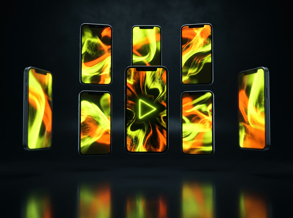 A grid of phones glowing with lime and orange short-form video